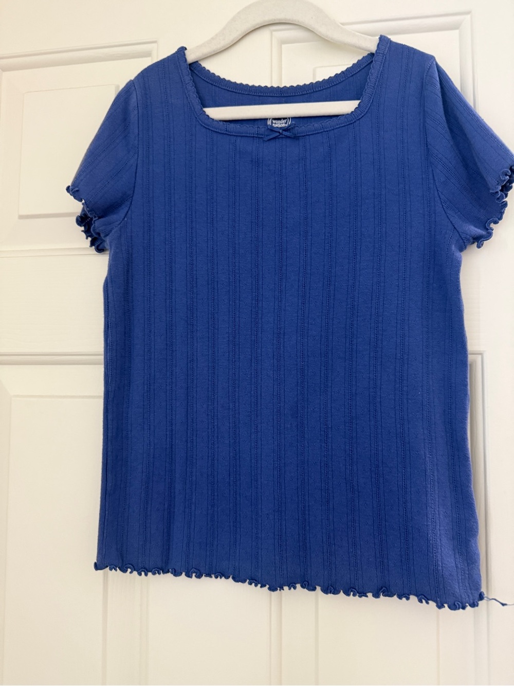 Blue Pointelle Ribbed Short-Sleeve Scoop Neck Top